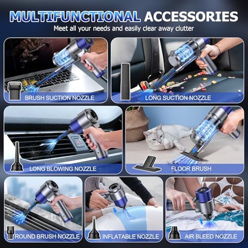 JONYJ Handheld Car Vacuum Cleaner Cordless, 16000PA Hand Held Vacuum Portable, 2 in 1 Air Duster and Mini Vacuum Cleaner Rechargeable with LED, Multi-Nozzles & Washable Filters for Home Office Car Pet - Image 4