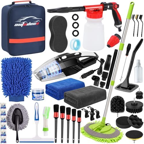 43Pcs Car Wash Detailing Kit Cleaning Kits with Foam Gun Sprayer Long Handle Mop Car Vacuum Drill Brush Large Wash Mitt Towels Complete Interior Exterior Car Washing Supply Set Blue by AUTODECO