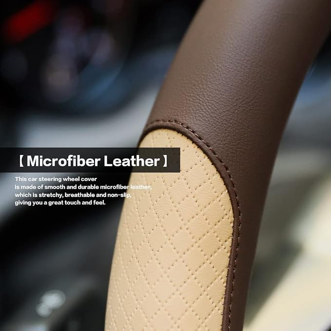 Steering Wheel Cover, Microfiber Leather Splicing with Classic Embossing,Contrasting Colors Anti-Slip Breathable Auto Car Steering Wheel Cover Fit 15 Inch Car Wheel Protector (Coffee&Beige) - Image 2
