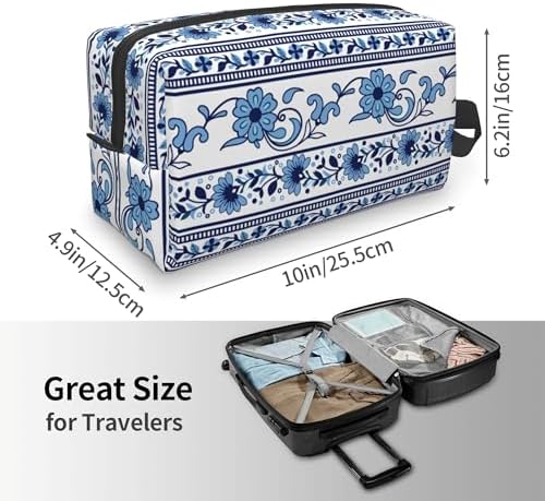 Blue & White Aesthetic Makeup Bag - Durable 600D Oxford Fabric Travel Cosmetic Bag, Shockproof Foam Padded Toiletry Organizer for Gym & Daily Use 10x6.2x4.9 Inch - Image 4