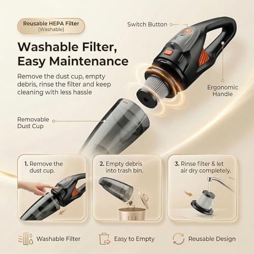 Handheld Vacuum Cordless, 25000Pa Powerful Suction Car Vacuum Portable Cordless with 8000mAh Battery & LED Light, Hand Held Vacuum Rechargeable with HEPA Filters, Home, Car Seats, Pet Hair Orange - Image 5