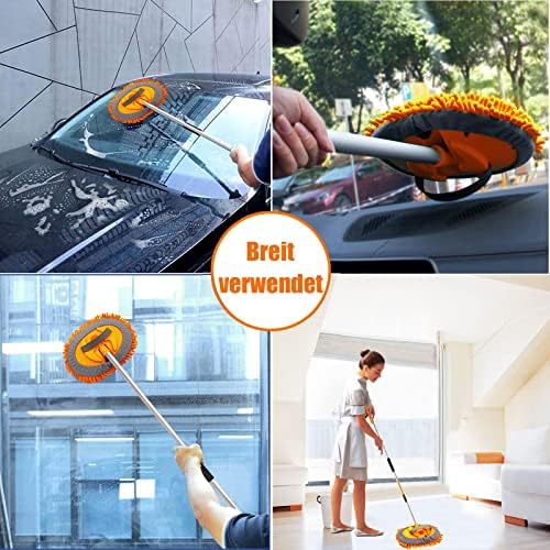 62" Car Wash Brush Mop Kit with Long Handle, 2 in 1 Chenille Microfiber Sponge Mitt Cleaning Detailing Duster for Washing Cars Truck SUV RV Caravans and Household(2 x Mop Head) (Orange) - Image 5