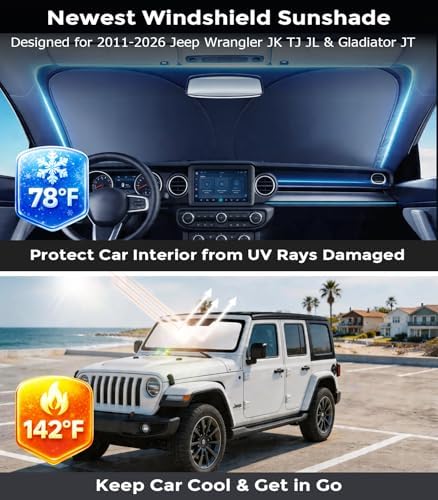 DMJN Front Windshield Sun Shade for Jeep Wrangler JL JK JT (2011-2026), [Nano Ice-Crystal Coatings] UPF50+ Heat & UV Block, Protect Car Interior & Keep Cool, Flodable Steel-Ring Car Cover for Summer - Image 2