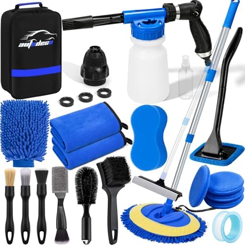 Car Wash Detailing Kit Cleaning Set with Foam Gun Sprayer, Long-Handle Brush, Large Wash Mitt, Towels, Complete Interior & Exterior Car Washing Supply Set (Blue) by AUTODECO