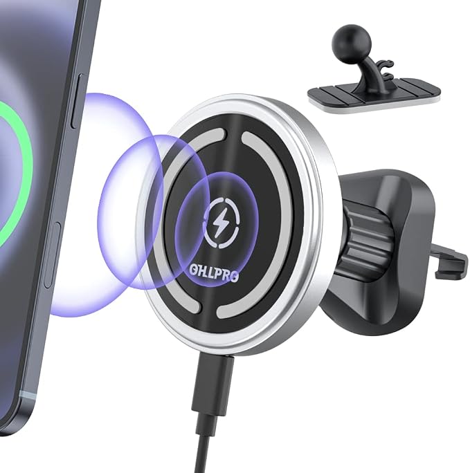 OHLPRO for MagSafe Car Mount Charger iPhone Wireless Car Charger, Stick on Dashboard Magnetic Phone Holder Mount for iPhone 17 Pro Max 16 15 14 Series, 15W Fast Charging, Aluminum Shell by OHLPRO