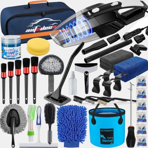 41Pcs Car Cleaning Wash Kit Interior Detailing Cleaner Kit with High Power Handheld Vacuum, Collapsible Bucket, Windshield Tool, Snow Shovel, Tire Brush, Complete Car Care Tools, Blue by AUTODECO