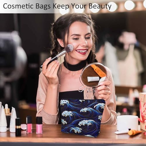 Women Cosmetic Bag Japanese Waves, Traditional Ocean Wave Blue Cute Makeup Bag For Purse Cosmetic Travel Bag For Toiletries Makeup Storage Bag Flax Skincare Bag Make Up Pouch Bags - Image 2