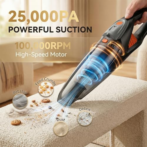 Handheld Vacuum Cordless, 25000Pa Powerful Suction Car Vacuum Portable Cordless with 8000mAh Battery & LED Light, Hand Held Vacuum Rechargeable with HEPA Filters, Home, Car Seats, Pet Hair Orange - Image 2