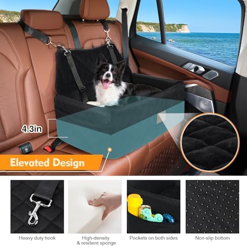 NEEZUKAR Dog Car Seat for Large Medium Size Dogs, Pet Car Seat Under 55 lbs | Thick Cushion, Detachable Washable Dog Booster Seat for 2 Small Dogs, Travel Dog Car Bed with Storage Pockets, 2 Safety Belts - Image 3