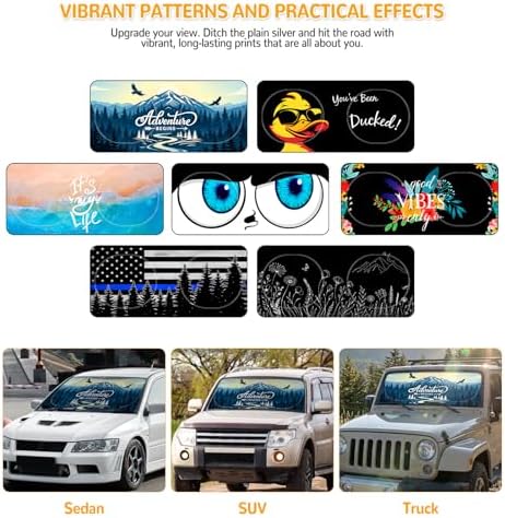 Windshield Sun Shade for Car, 63"x28.5" Stylish Printed Front Window Sunshade with Double Steel Ring Frame, Universal Fit Foldable Heat Blocker & UV Protector, with Storage Pouch (Peak) - Image 3