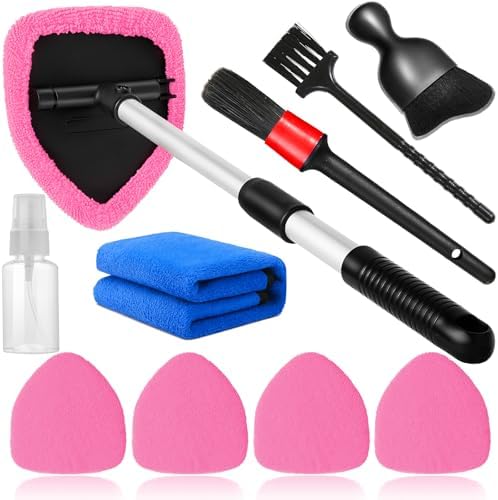 Qydipclin 10pcs Windshield Cleaning Tool Inside Car Window Cleaner Wash Kit with 4 Reusable Microfiber Pads 1 Spray Bottle and Extendable Handle Interior Auto Glass Wiper Kit, Pink by Qydipclin