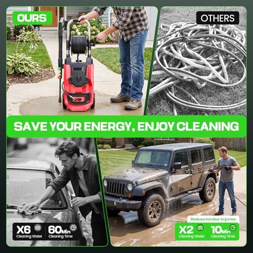 Electirc Pressure Washer with 3 Levels Adjustable Pressure Gun, Portable Pull-Handle, 4 Nozzles and Foam Cannon, Heavy Duty Pressure Washer for Home/Car/Fence/Garden, Red - Image 6
