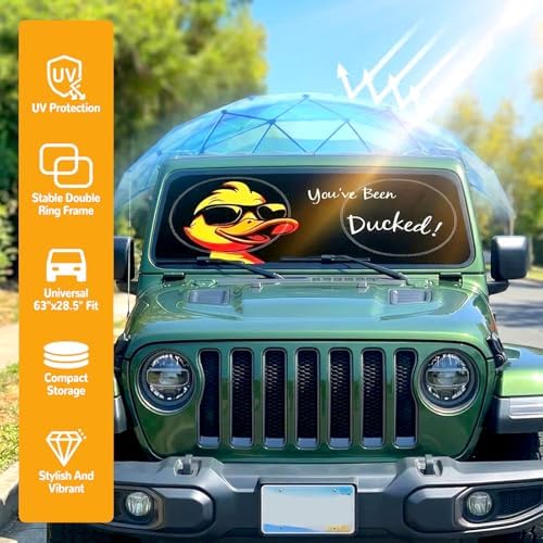 Windshield Sun Shade for Car, 63"x28.5" Stylish Printed Front Window Sunshade with Double Steel Ring Frame, Universal Fit Foldable Heat Blocker & UV Protector, with Storage Pouch (Duck) - Image 6