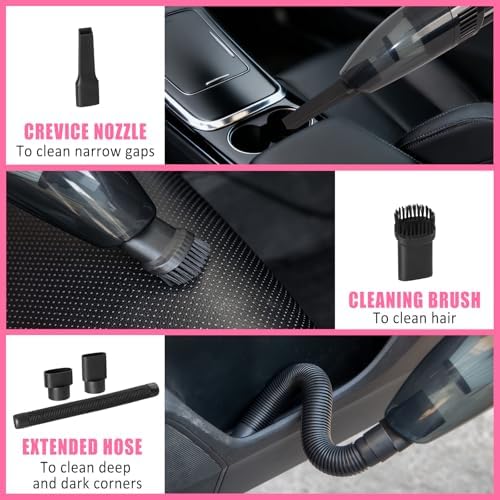 Car Cleaning Kit, Car Vacuum Interior Detailing Cleaner Kit with High Power Handheld Vacuum, Brush Set, Windshield Tool, Duster, Towels, Complete Car Care Tools for Women (Pink) - Image 3