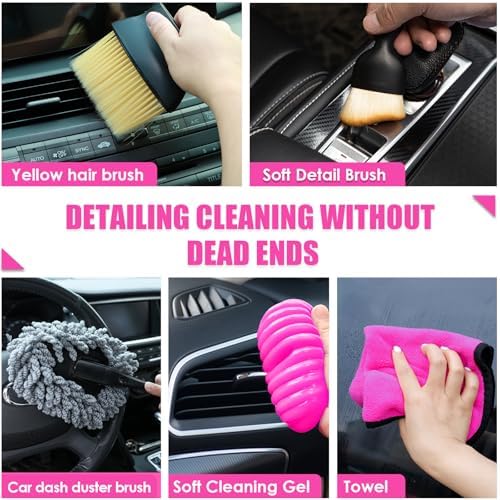 20PCS Pink Car Cleaning Kit, Car Interior Detailing Kit with Red High Power Handheld Vacuum, Detailing Brush Set, Windshield Cleaner, Cleaning Gel, Complete Auto Accessories for Women - Image 4