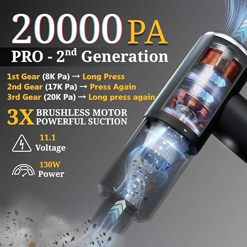 Car Vacuum Cordless Handheld Vacuum Cleaner Mini Portable Car Vacuum Brushless Motor Rechargeable Type C Blower Inflator Deflator Car Cleaning Kit (DX-1 Pro) - Image 2