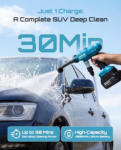 SEESII Cordless Pressure Washer, Portable Power Washer with 4000mAh Battery, Electric Washer Gun with 6-in-1 Nozzle & 27FT Hose, Handheld Power Cleaner for Car, Driveway, Garden, Patio and Fence - Image 6