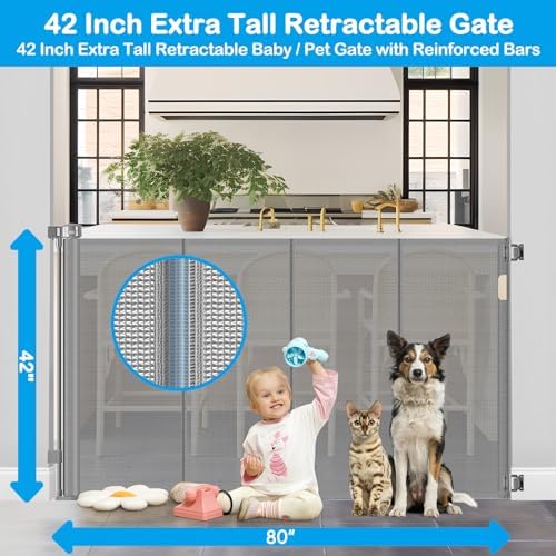 Reinforced 42" Tall X 80" Wide Retractable Baby Gate Extra Tall Cat Gate for Stairs No Sag Retractable Baby Gates for Doorways No Wrinkle Mesh Gates for Kids or Pets with Reinforced Strips, Gray - Image 2