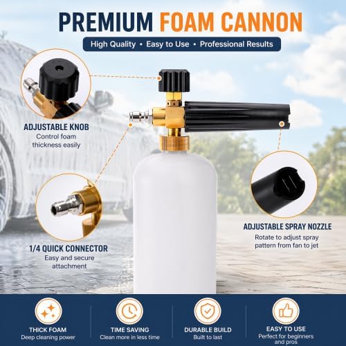 Fasmov Foam Cannon, Car Wash Pressure Washer Jet Wash 1/4" Quick Connector Adjustable Snow Foam Lance Foam Blaster, 1 Liter - Image 4