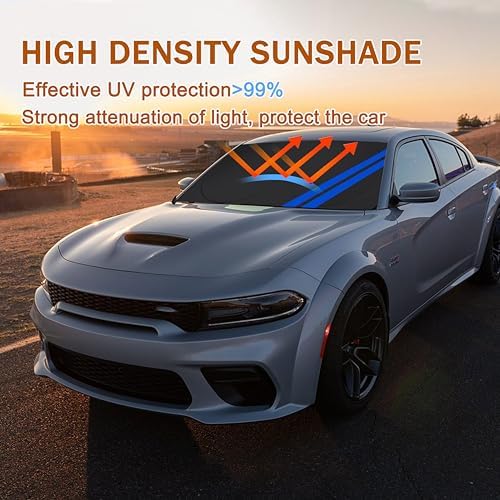 Front Windshield Sun Shade Fit for Dodge Charger Challenger Durango Journey Universal Fit to All Dodge Cars Foldable Sun Visor Protector Custom Fit Dodge Window Sunhade (Black Blue) - Image 2