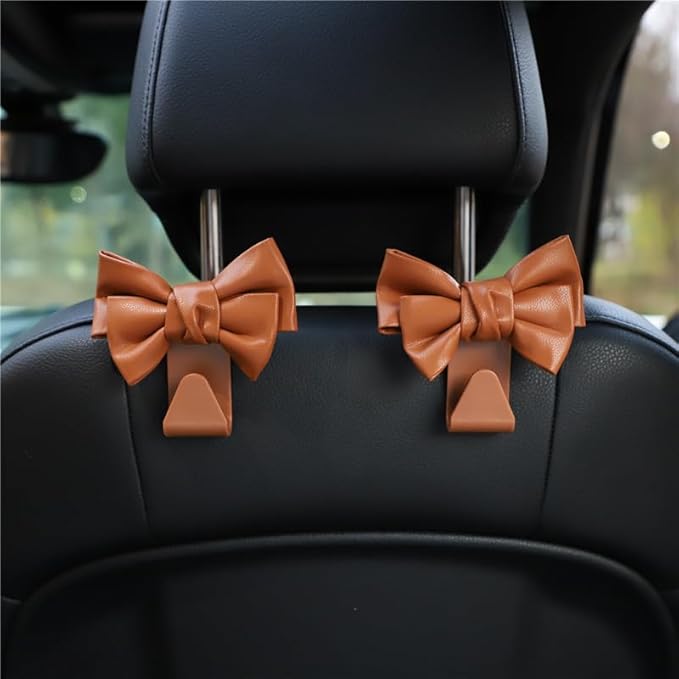 2-Pack Cute Bow Car Purse Hooks, Headrest Hangers, brown | Cute bow hooks keep purses and bags organized within reach while saving space; fits most car headrests - Image 3