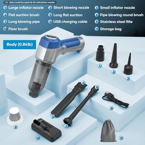 SakerPlus Mini Vacuum Cleaner, 3 in 1 Car Vacuum Cleaner High Power, 15000PA Powerful Suction, Air Duster, 7500mAh, Adjustable Small Vaccum Portable Cordless for Cars,Desktop,Home- Light Blue - Image 7
