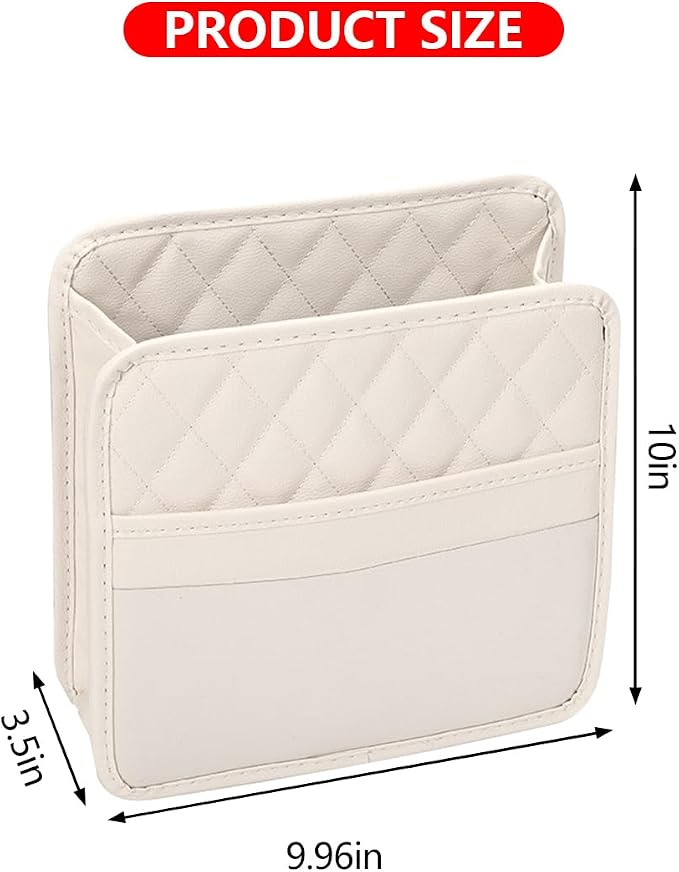 Mandark PU Leather Car Seat Back Organizer, Beige | Three-pocket layout with clear panel, elastic strap installation, fits most cars, SUVs, and trucks, car interior accessories - Image 2