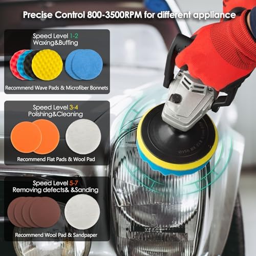 KITLUCK Buffer Polisher, 12Amp 6″/7″ Rotary Polisher for Car Detailing, 1400W 7 Variable Speed Car Buffer Polisher Machine, 800-3500RPM, with Foam Pad, Wool Pad For Car Polishing, Buffing, Waxing - Image 3