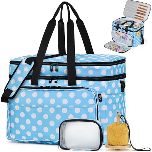 Crochet Organizer Bag with Yarn Holder, Large Yarn Storage for Accessories | 3PCS Crochet Knitting Bag with Accessory Pouch for Hooks, Needles, Travel Tote, Crochet Lovers, Gift for Crafters, No-Tangle by IBFUN
