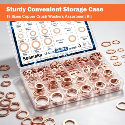 360PCS Crush Washer Oil Drain Plug,18 Sizes Copper Crush Washers Assortment Kit,Automotive Oil Pan Drain Plug Gasket M6 M8 M10 M12 M14 M16 M18 M20 M22 M24 - Image 4