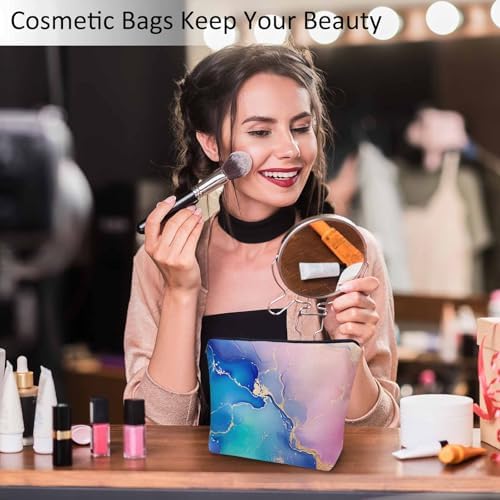 Women Makeup Organizer Bag Marble Pattern Flax Travel Cosmetic Bag Abstract Ocean Waves Marble Makeup Bags Toiletry Bag Makeup Bags For Home Bathroom Office Hotel Gym Pink Blue Golden - Image 2