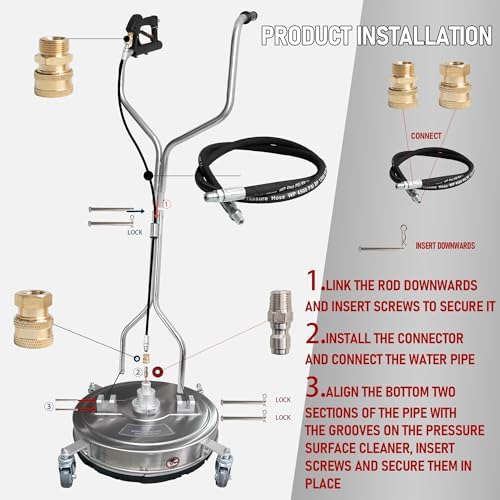 Hourleey 20" Pressure Washer Surface Cleaner with Dual Handles, Stainless Steel Surface Cleaner with 4 Wheels for Driveways, Pathway, Sidewalks, Patios, Decks, 4500 PSI with 3/8" Quick Connector Kit - Image 4