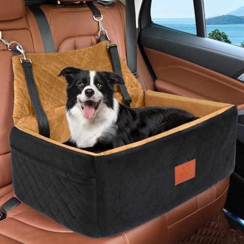 NEEZUKAR Dog Car Seat for Large Medium Size Dogs, Pet Car Seat Under 55 lbs | Thick Cushion, Detachable Washable Dog Booster Seat for 2 Small Dogs, Travel Dog Car Bed with Storage Pockets, 2 Safety Belts by NEEZUKAR