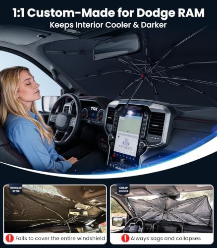 Zanch 2026 Upgraded Windshield Sun Shade Umbrella: Custom Fit for Dodge RAM 1500 2500 3500 2019-2026 Front Window Sunshade, Block UV Rays & Keep Car Cool, 1:1 Scan for RAM 1500, No Gaps & No Scratches - Image 2
