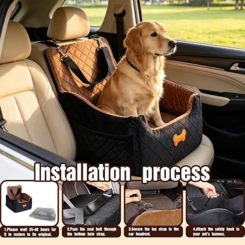 Dog Car Seat for Small Dogs, Dog Booster Seat Filling in Thick Memory Foam with 2 Safety Leashes and Storage Pocket, Suitable for Pet Under 30lb or 2 Puppies (Brown/Black) - Image 6