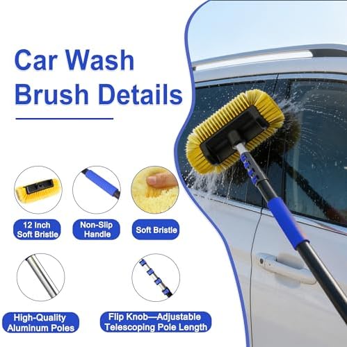 18FT Reach Car Wash Brush with Long Handle, 3 to 12 FT Car Cleaning Brush with Soft Bristle, Aluminium Telescoping Pole for Solar Panel, House Siding, SUV, Cars, Trucks, RV, Floors, Navy - Image 2