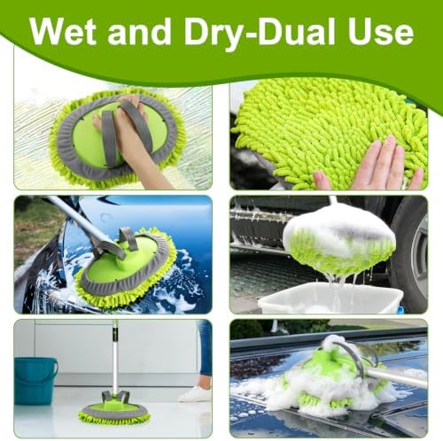 anngrowy 62" Microfiber Car Wash Brush Mop Kit Mitt Sponge with Long Handle Car Cleaning Supplies Kit Duster Washing Car Tools Accessories, 1 Chenille Scratch-Free Replacement Head Aluminum Alloy Pole - Image 4