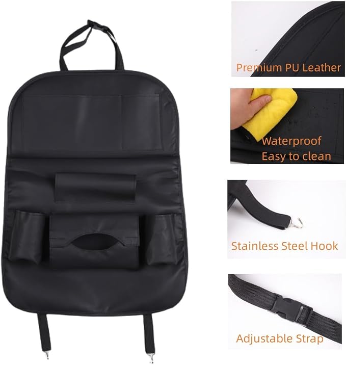 Upgraded Car Back Seat Organizer with Foldable Table Tray Tissue Holder Backseat Car Organizer Kick Mats Back Seat Protector for Kids (tray black 2 pcs) - Image 5