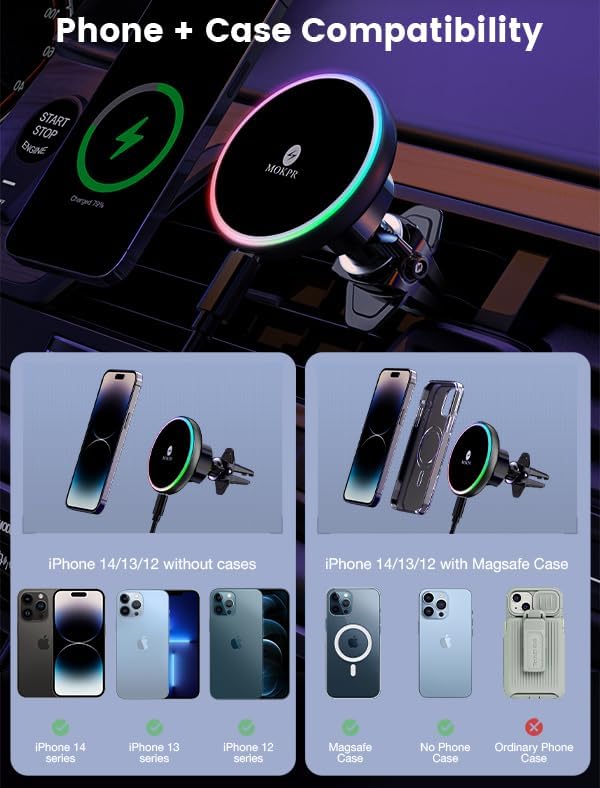 for Magsafe Car Mount Charger 15W LED RGB Car Phone Holder for Dash Vent | HandsFree Magnetic Wireless Car Charger Car Mount Fast Car Charger for iPhone 17 16 15/14/13/12 Series - Image 3