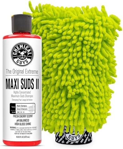 Chemical Guys CWS_101_16W Car Wash Starter Bundle - Maxi-Suds II Foaming Car Wash Soap, 16 oz, Cherry Scent + Green Chenille Wash Mitt (2 Items) Works on Cars, Trucks, SUVs, RVs & More by ChemicalGuys