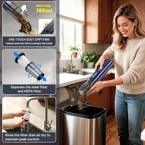 Car Vacuum Portable Cordless, 19500Pa 4-in-1 Handheld Vacuum Cordless Vacuum Cleaner&Air Duster with Multi-Nozzles, 140W Hand Cordless Rechargeable Vacuum Cleaners for Car, Home, Office, Pet - Image 6