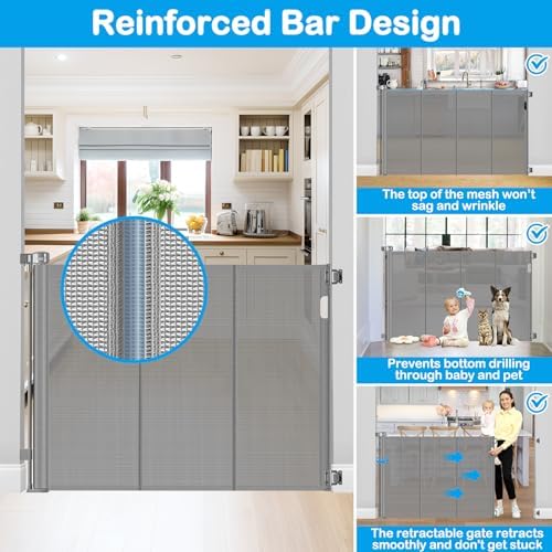 Reinforced 42" Tall X 80" Wide Retractable Baby Gate Extra Tall Cat Gate for Stairs No Sag Retractable Baby Gates for Doorways No Wrinkle Mesh Gates for Kids or Pets with Reinforced Strips, Gray - Image 4