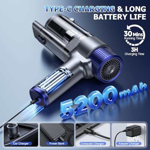 JONYJ Handheld Car Vacuum Cleaner Cordless, 16000PA Hand Held Vacuum Portable, 2 in 1 Air Duster and Mini Vacuum Cleaner Rechargeable with LED, Multi-Nozzles & Washable Filters for Home Office Car Pet - Image 5