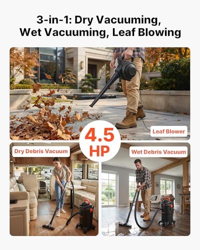 VEVOR 3-in-1 Shop Vac, 8 Gallon Wet Dry Shop Vacuum, 4.5 Peak HP Portable Vacuum Cleaner with Blower, Dual-Filter, 950W Input Power, 1.25in x 7ft Hose, 9.8ft Cord for Jobsite, Workshop, Garage, Home - Image 2