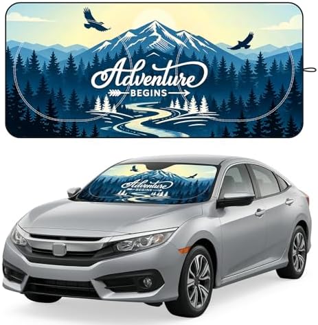 Windshield Sun Shade for Car, 63"x28.5" Stylish Printed Front Window Sunshade with Double Steel Ring Frame, Universal Fit Foldable Heat Blocker & UV Protector, with Storage Pouch (Peak) by Unknown