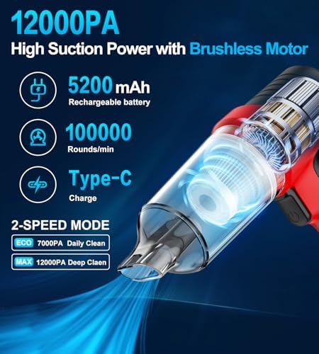 Car Vacuum Portable Cordless, 4 in 1 Mini Vacuum Cleaner Hight Power, 12000Pa Powerful Suction, Air Duster, Dual Filter,Adjustable Small Vaccum Portable Cordless for Car, Home, Pet, Office - Image 3