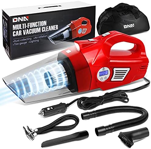 DNA MOTORING TOOLS-00182 Portable Handheld High Power Mini Corded 2 in 1 Vacuum Cleaner, Air Compressor w/Digital Tire Pressure Gauge & LED Light, Car Cleaning Kit,Red by DNAMOTORING