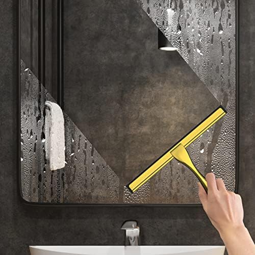 All-Purpose Stainless Steel Shower Squeegee for Shower Doors with 2 Adhesive Hooks, Bathroom Cleaner Tool Household Window Mirror Squeegee for Home Cleaning, Glass Door, Tile Wall, Car, 10 Inch Golden - Image 4