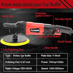 AOBEN Rotary Buffer Polisher,1200W 6-inch/ 7-inch Car Buffer,Car Polisher Waxer Kit with 6 Variable Speed 1000-3500RPM & 4 Polishing Pads,Detachable Handle for Boat,Car Polishing and Waxing - Image 2