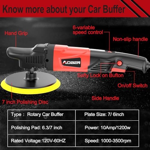 AOBEN Rotary Buffer Polisher,1200W 6-inch/ 7-inch Car Buffer,Car Polisher Waxer Kit with 6 Variable Speed 1000-3500RPM & 4 Polishing Pads,Detachable Handle for Boat,Car Polishing and Waxing - Image 2